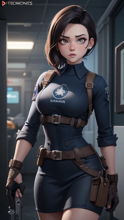 Personagem mulher estilo atompunk Fallout 4 cabelos pretos  atriz Ella Purnell com marcas de guerras Imagem de desenho animado de uma mulher .Ilustracaoo estilo desenho animado, estilo de arte dos desenhos animados, estilo de arte dos desenhos animados, di...