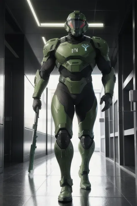 Futuristic space station corridor、With a huge futuristic rifle、Green Doomguy from DOOM wearing Doom Marine armor and helmet、A 21 year old muscular woman with big  walks by.。