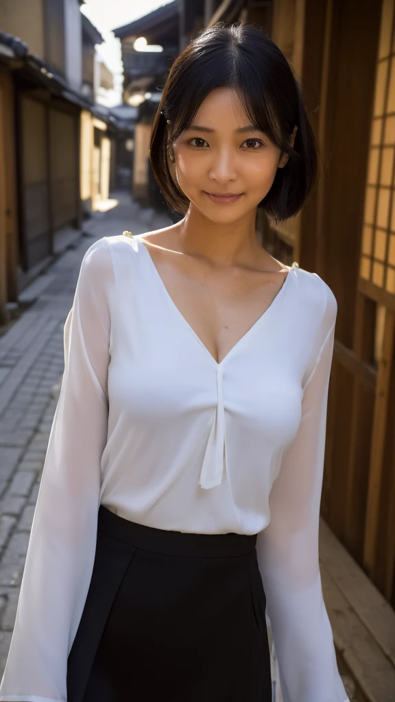 ((Top Quality)), ((8K)), ((Masterpiece: 1.3)), (Perfect Appearance), (Photorealism: 1.6), (Japanese woman standing in an old Japanese townscape: 1.6), (Kyoto), (clear background), japanese woman, (48 years old), ((Standing upright, facing forward, center o...