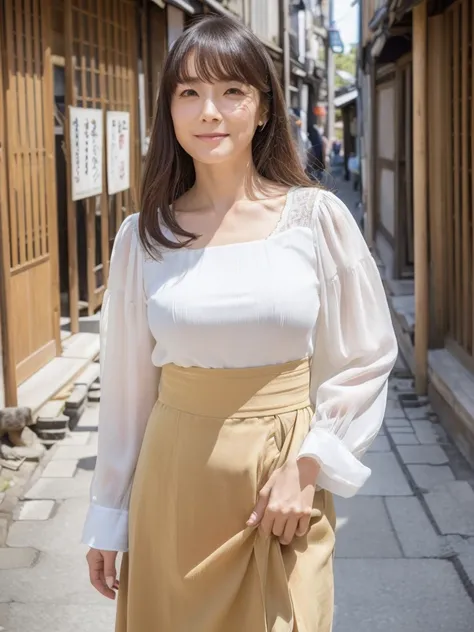 ((Top Quality)), ((8K)), ((Masterpiece: 1.3)), (Perfect Appearance), (Photorealism: 1.6), (Japanese woman standing in an old Japanese townscape: 1.6), (Kyoto), (clear background), japanese woman, (48 years old), ((Standing upright, facing forward, center o...