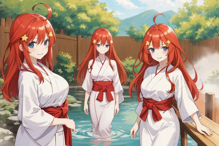 2d, masterpiece, best quality, anime, highly detailed, 5 girl, photo of 5 girl, quintuplets, nakano itsuki, red hair, long hair, star hair ornament, ahoge, large breasts, standing, onsen, open white yukata, outdoors, smile, talking among them, looking amon...