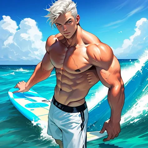 A young muscular white man.  wear bikini.  surfing in the ocean with a seductive pose