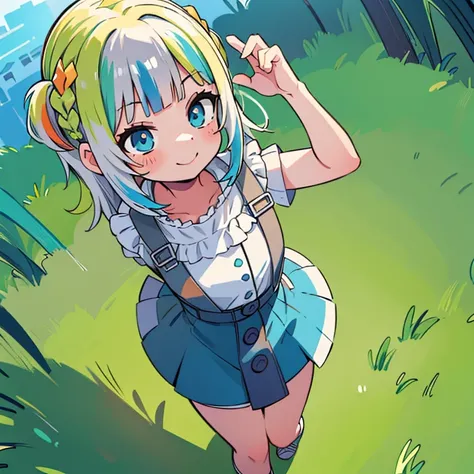 ((Giant Grass)), ((masterpiece)), (Professional photography:1.2), (High resolution:1.3), 1 girl, From above, Floating in zero gravity, (Manga style), Bright smile, (Active Pause), cute, Colorful Hair, Big eyes, sexy, (3+ Colorful Backgrounds:1.3),