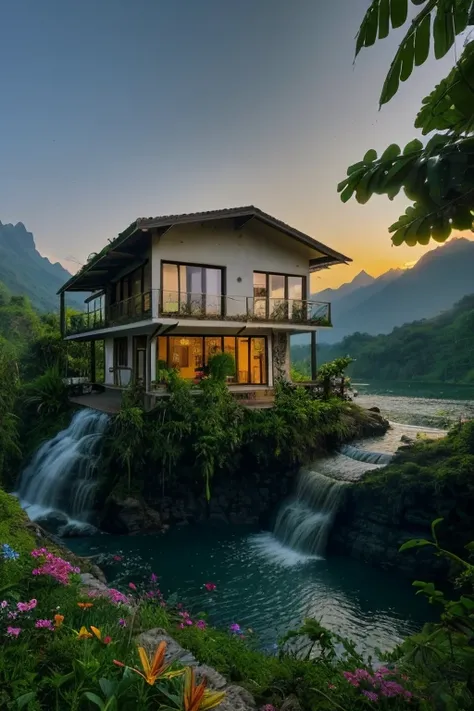 House in the jungle in front of the lake and waterfall nearby mountain with sun set and flowers