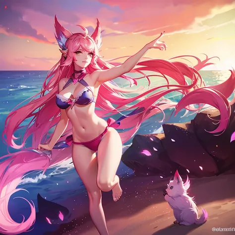 Star guardian Ahri, bem detalhado, pink bikini, na praia, mostrando o corpo todo, durante o por do sol, com suas 9 caldas bastante chamativas.