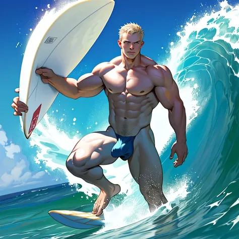 A young muscular white man.  nude .  surfing in the ocean with a seductive pose that clearly shows off his large penis