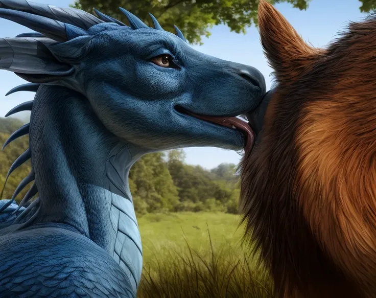 ((((photorealistic feral small dog with blue dragon)))), ((((feral, duo)))),  ((((side view, saliva, anal liking, rimming)))), (...