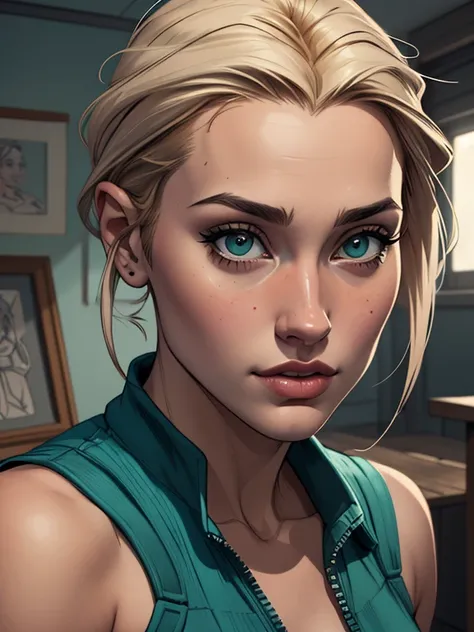 Personagem mulher estilo atompunk Fallout 4 cabelos pretos  atriz Ella Purnell com marcas de guerras Imagem de desenho animado de uma mulher .Ilustracaoo estilo desenho animado, estilo de arte dos desenhos animados, estilo de arte dos desenhos animados, di...