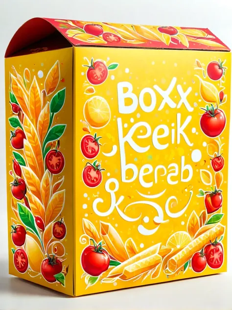 Generate an image of a child-friendly food packaging box, similar in shape to a Happy Meal box. The words BoxKebab should stand prominently on it. The box should be decorated in vivid red and yellow colors. Embellish it with small, playful images of a keba...