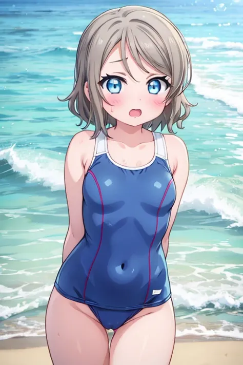 1girl, solo, watanabe you, school swimsuit, blue eyes, medium breasts,short hair, one-piece swimsuit, beach,looking at viewer, arms behind back,get wet,pussy,blue eyes,highleg swimsuit,grey hair,blush,open mouth