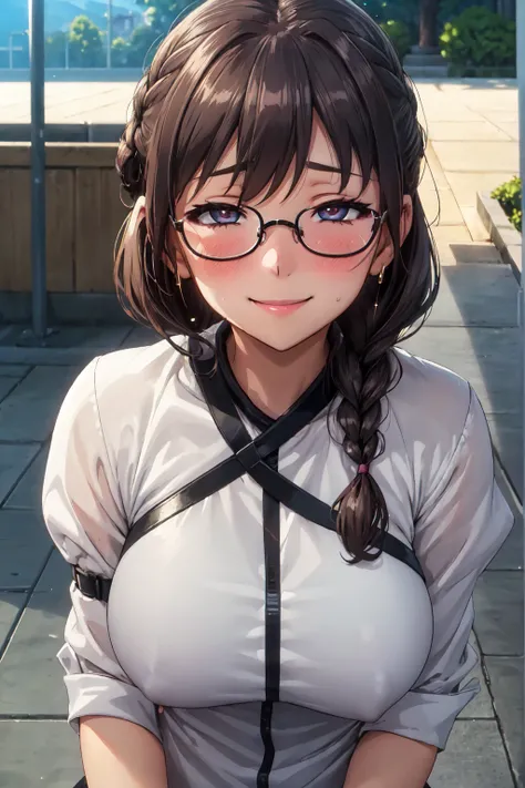 (high quality, High resolution, The finer details), Sidewalk, Side view, alone, girl, Braid, , Sparkling eyes, (large round frame glasses), (Beautiful Eyes), Big Breasts, ((A kind smile)), blush, Sweat, Oily skin, (Focus plane), Shallow depth of field,Disc...