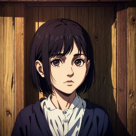 best quality, highres, masterpiece:1.2), ultra-detailed, (realistic, photorealistic, photo-realistic:1.37), 8 year old small  girl ,  Mappa art style, raven black short hair with bangs, brown eyes,  behind her a cabin , she is blue dress