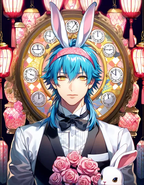 absurdres, highres, ultra detailed, HDR, master piece, best quality, perfect face, beautiful eyes, delicate features, Seragaki Aoba, blue hair, expressive yellow eyes, Dramatical Murder, solo, sexy man, handsome, white rabbit ears, white rabbit, butler clo...