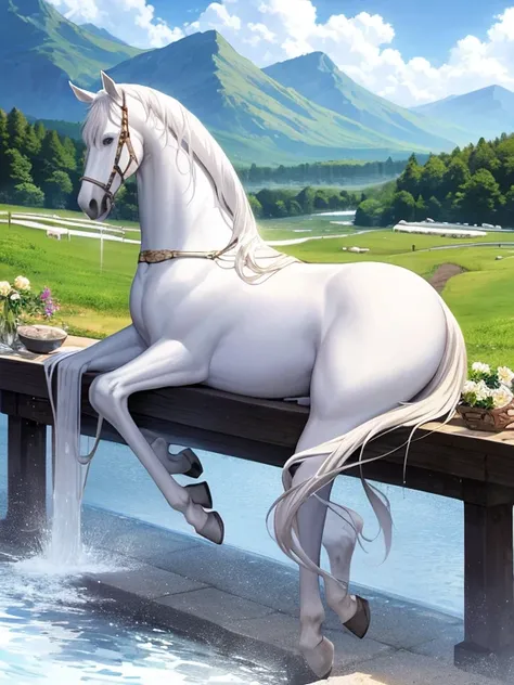 Amidst the tranquil backdrop of a mountain range, a majestic white horse stands still, its silk mane shimmering in the sunlight as it reflects off the water flowing down the scenic landscape. The horses shiny coat gleams, adding to the serene atmosphere, c...