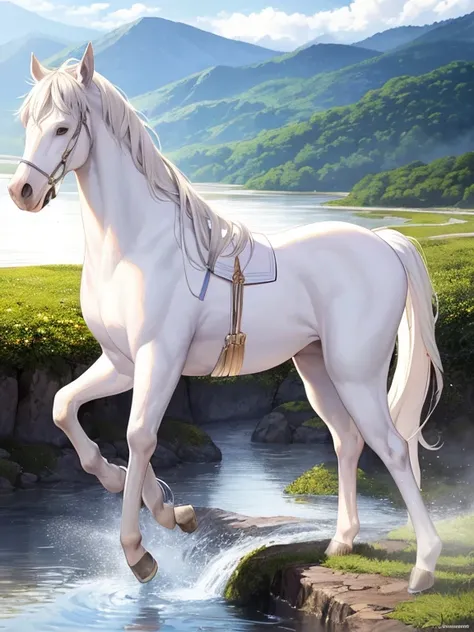 Amidst the tranquil backdrop of a mountain range, a majestic white horse stands still, its silk mane shimmering in the sunlight as it reflects off the water flowing down the scenic landscape. The horses shiny coat gleams, adding to the serene atmosphere, c...