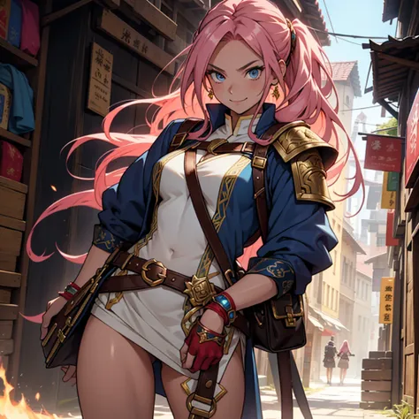 An anime girl with long, flowing pink hair and expressive, too-good-for-this-world eyes that seemed to pierce through any obstacle. She donned a warriors attire, complete with a crimson tunic adorned with intricate gold patterns, a belt made of shiny leath...