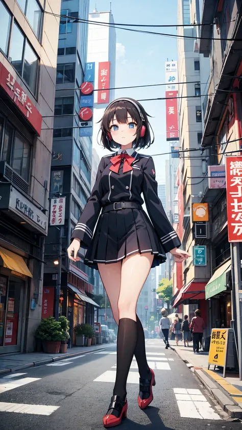 Anime Girls with headphones walking down the street in a , Beautiful mature high school girl, uniform、Beautiful girl anime visuals,tall、 Kantai Collection Style,Manga illustration, Anime Girls, Illustrated , Hand-drawn anime illustrations, young Anime Girl...