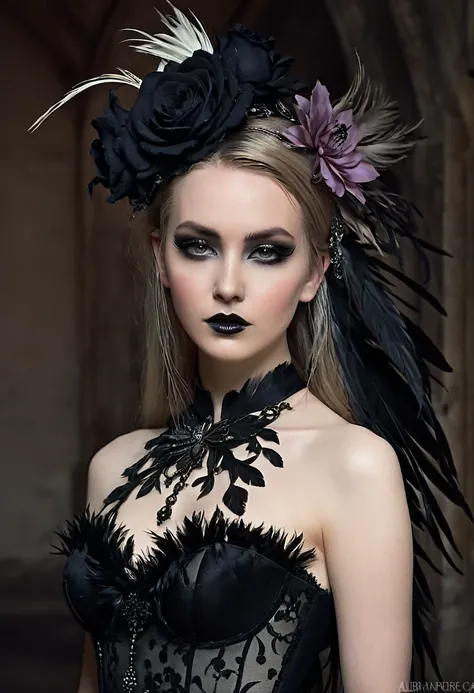 blond woman with black feathers and a flower in her hair, sexy and nude,  and a shaved pussy visible,wearing gothic accessories, gothic princess portrait, gothic harts, an elegant gothic princess, dreamy and ethereal and dark, gothic regal, magic and steam...