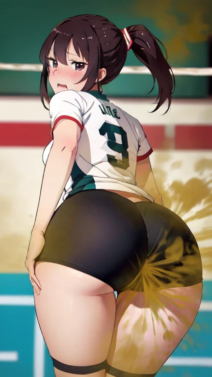 Asian girl fart, desperate to poop, on volleyball court, farting while playing volleyball, bending over, turns to look back, wearing volleyball jersey and shorts, malaysian girl, tomboy, short hair ponytail, stomach bloated, hands covering butt, pained exp...