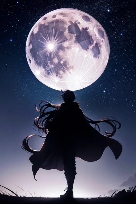 highest quality,Big moon and shadow,A silhouette of a person can be seen against the backdrop of a large moon.,There is one full moon,There is a mood,Beautiful scenery,Starry Sky