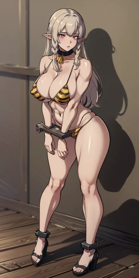 (plain background, masterpiece, best quality, ultra-detailed, best shadow, best rendering: 1.2) (1girl) (8k) (photorealistic:1.4) best quality, ultra high res, highly detailed eyes, Sexy pose, cleavage cutout, female white long hair in yellow bikini with t...