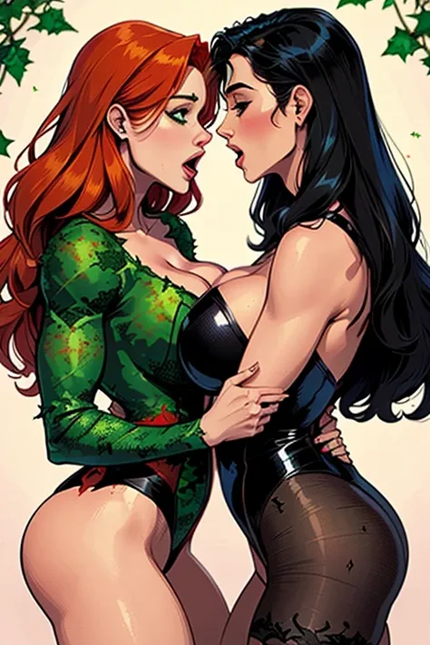 (((Poison Ivy))), (((Superman))), High quality, best quality, masterpiece, (1boy1 1girl), (hetero:1.5), mature woman, curves, long wavy redhead hair, green eyes. screaming orgasm. cleavage. (((woman wearing black leotard)))