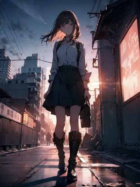 Brown Hair、night、building、rooftop、Overlooking the lower world,Black mini skirt,vision,Small face　bangs ,beauty,vision 、Black boots 、one person 、Dress shirt、holster　Image of the view from inside the balcony of a tall circular tower in the center of a post-a...