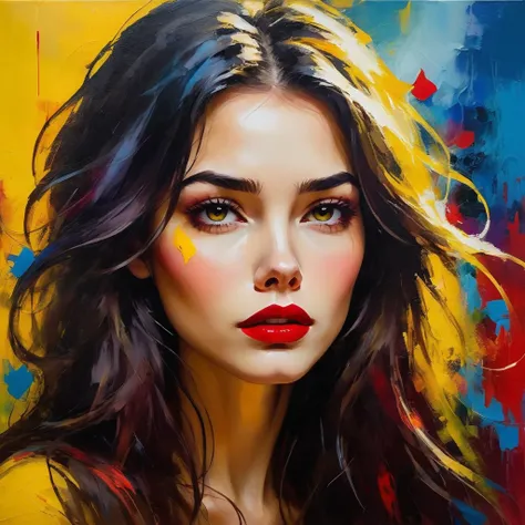 a beautiful woman with a yellow background, long hair, messy hair, full red lips, bright colors, colorful brushstrokes, oil pain...