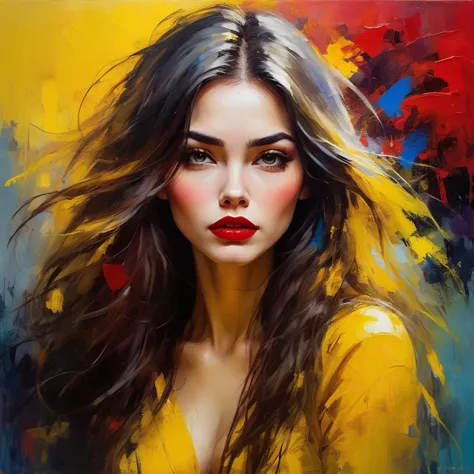 a beautiful woman with a yellow background, long hair, messy hair, full red lips, bright colors, colorful brushstrokes, oil pain...