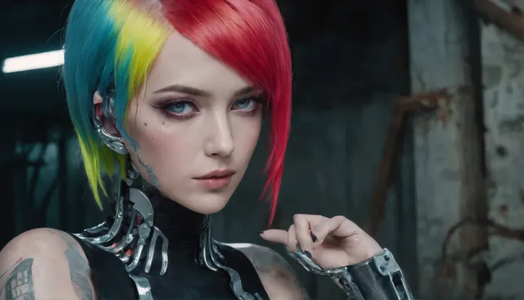 Cyborg Woman with colored hair posing for a photo in the inside of an abandoned factory, Cyberpunk aesthetic, Cyborg Woman, Dark techno aesthetic, Industrial Goth Aesthetic, Interns in an abandoned factory in the background, Super detailed, Realistic, mast...