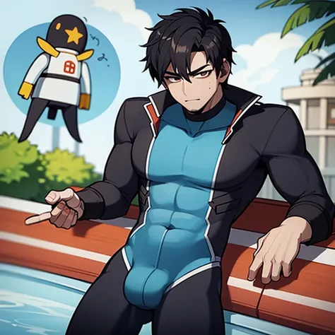 Jason, handsome Hispanic / Latino guy at the waterpark being hypnotized wearing a latex drone body suit and a very big bulge between his legs, tanned skin, black hair, brown eyes, arousal