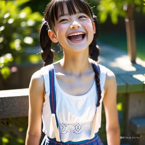 Japanese,10 years old,Summer clothes,Tank top,skirt,Looking up,Open your mouth,cute,Twin tails