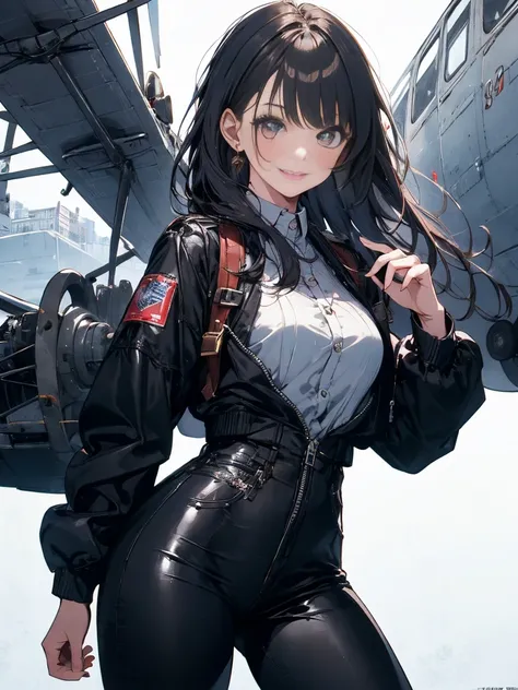 masterpiece, highest quality, High resolution, One Girl,1930s、Biplane on background、Pilot Suit、 alone, Girl with bangs、young woman、18-year-old、Long Hair、smile