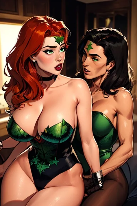 (((Poison Ivy))), (((Superman))), High quality, best quality, masterpiece, (1boy1 1girl), (hetero:1.5), mature woman, curves, long wavy redhead hair, green eyes. cleavage. (((woman wearing strapless black leotard)))