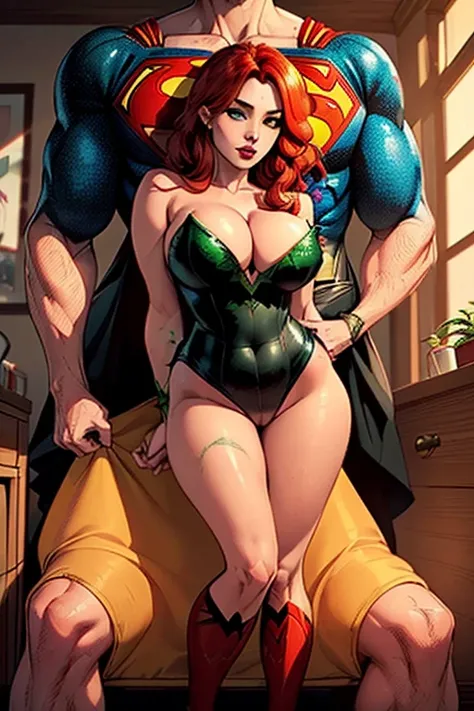 (((Poison Ivy))), (((Superman))), High quality, best quality, masterpiece, (1boy1 1girl), (hetero:1.5), mature woman, curves, long wavy redhead hair, green eyes. cleavage. (((woman wearing strapless black leotard)))