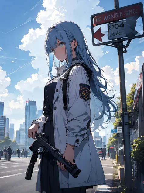 1 girl,masterpiece,highest quality, Lens flare, Depth of written boundary, (close:1.3), (Wide Shot, Fisheye Lens:0.85), Face Focus, One girl ,Are standing, ((Light blue long hair), uniform, (Have a weapon, Hold the rifle,Targeting,Target:1.2), gun, h&HK416...