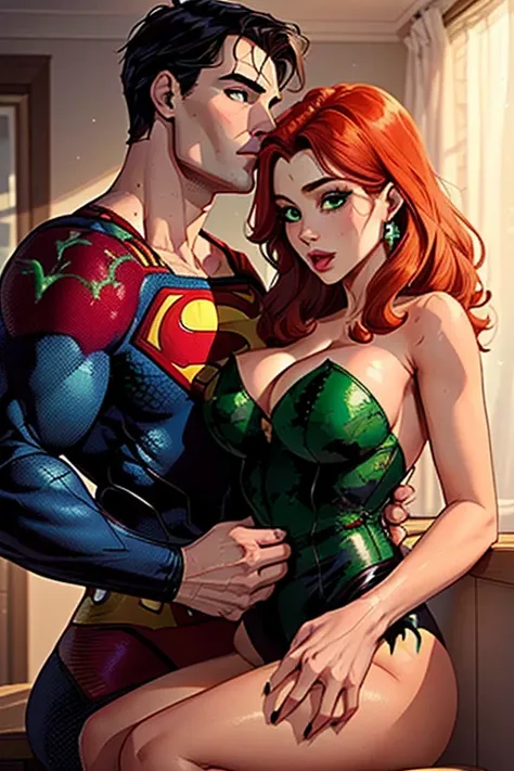 (((Poison Ivy))), (((Superman))), High quality, best quality, masterpiece, (1boy1 1girl), (hetero:1.5), mature woman, curves, long wavy redhead hair, green eyes. cleavage. (((woman wearing strapless black leotard)))