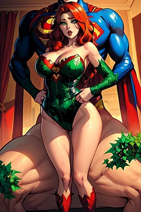 (((Poison Ivy))), (((Superman))), High quality, best quality, masterpiece, (1boy1 1girl), (hetero:1.5), mature woman, curves, long wavy redhead hair, green eyes. cleavage. (((woman wearing strapless black leotard))), woman with ahegao face