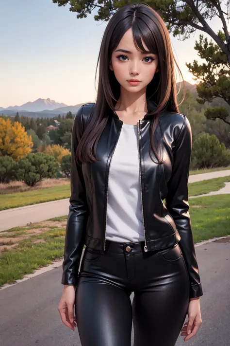 photorealistic style of a brunette with long hair in black leather pants and a plaid shirt against the backdrop of the colorado ...