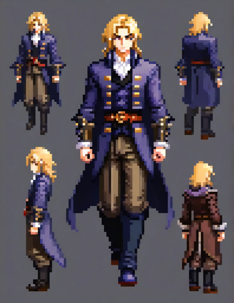 Prompt: 

Generate an image frames running to the right, of a physically young man with long blond hair. His most recurring attire is from Castlevania: Symphony of the Night, which, according to the games setting, consists of 18th-century-style clothing. H...