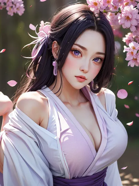 (masterpiece), best quality, 1girl, looking at viewer, (hinata)(shippuden), parted lips, wind lift, bottomless, purple white fabric , black hair, long hair, white eyes, solid eyes, big breast masterpiece, absurdres, hinata(boruto), 1girl, solo,mature femal...