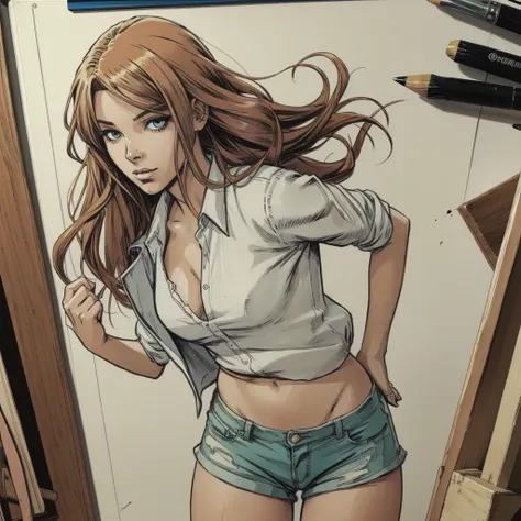 An anime comics woman head with colored hair, shorts, blouse, art action, painting, in art studio