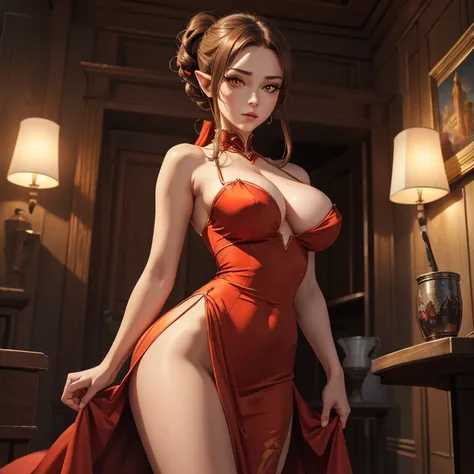 masterpiece, highres, best quality, highly detailed, wallpaper, painterly, brush strokes, pointy ears, yellow eyes, slit pupils, beautiful woman, large breasts, red dress without panties