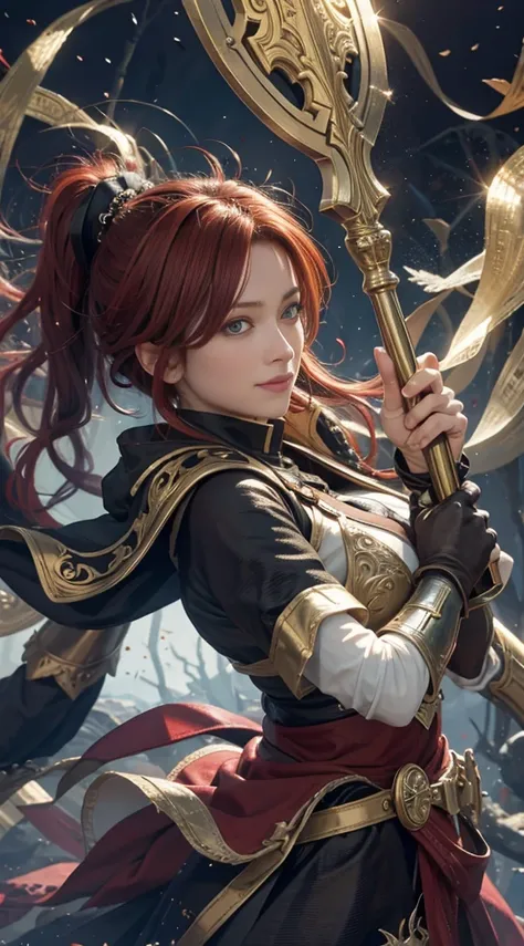 StarkFrieren, 8k, best quality, highres, realistic, real person, A warrior facing a demon lord, more lightly armored this time, with a mischievous, cunning smile. The warrior has short red hair and wields a large, ornately decorated axe. The setting is a f...