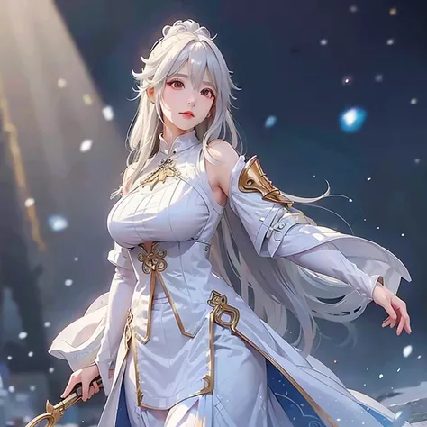 silver white hair reaching the waist, golden eyes, a pair of white horns, blue halo atop the head, wearing full medieval armor with no helmet