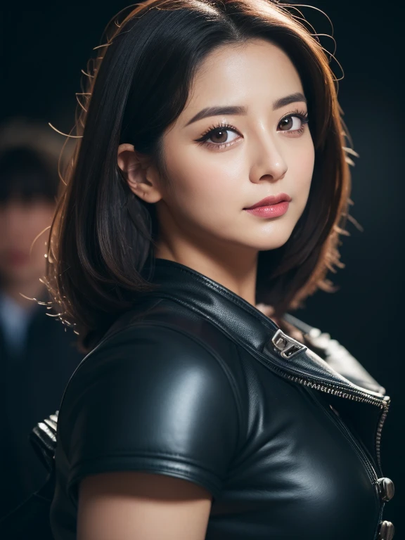 twjihyo、A close-up portrait of Jihyo showing off her cleavage in a leather dominatrix costume、Focus on the butt((masterpiece、最high quality))、Heavy eyeshadow makeup around the eyes、Thick mascara、Thick body、wide waist、Big Ass、Large, saggy, natural breasts、In...