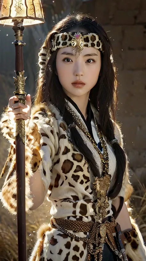 1girl,shangguanyan,nvshenlong,chinese woman,leopard print headdress,gold pendant,(solo:2),holding weapon,desert background,flyin...