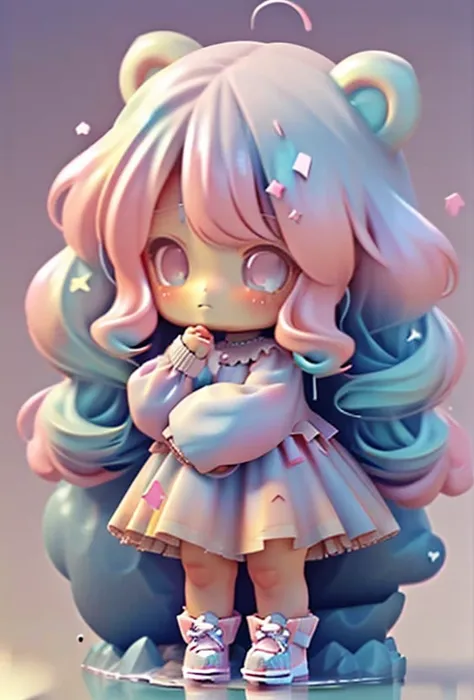 Pink Hair，Bad mood，angry，gem，girl，Twin tails，Gradient Hair，Pink Eyes，Slime on the head，Fluffy Dress，Chibi，whole body，Bear Doll，gemを抱えてる，Curly perm，Big sneakers，頭からgemが生えてる，Large pets，Chained