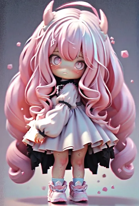 Pink Hair，Bad mood，angry，gem，girl，Twin tails，Gradient Hair，Pink Eyes，Fluffy Dress，Chibi，whole body，Devil Doll，gemを抱えてる，Curly perm，Big sneakers，頭からgemが生えてる，Large pets，Chained，