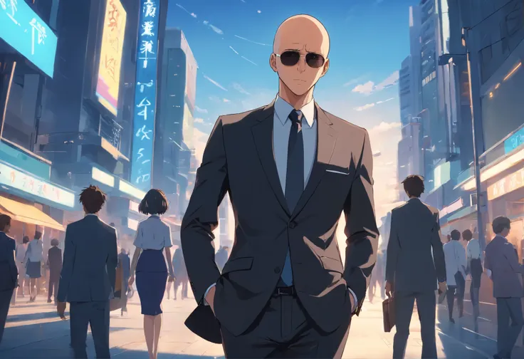 man,bald tall slim sexy in elegant black suit with black sunglasses straight look to the camera normal look  and straight body to me